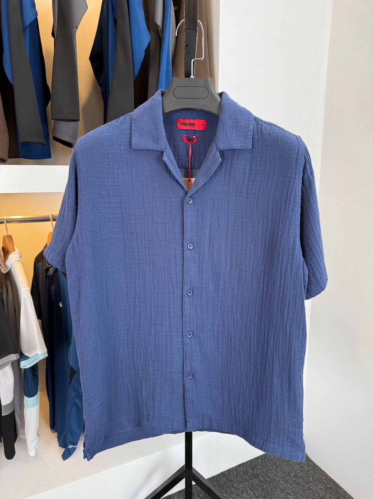 NAvy Truman Cuban Collar Drop Shoulder Shirt
